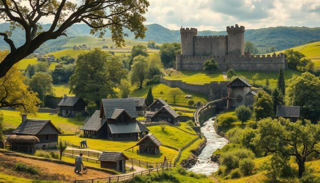 A medieval village nestled amidst verdant hills, sunlight filtering through the canopy of ancient oak trees. In the foreground, farmers tend to their crops using sustainable practices - rotating fields, composting waste, and preserving soil fertility. Thatched-roof cottages and a central communal well dot the scene, showcasing the self-sufficient, circular economy of the time. In the middle ground, a watermill harnesses the power of a rushing stream, its wooden gears and millrace a testament to the ingenuity of medieval engineers. Beyond, a castle stands proud, its stone walls a symbol of the stability and longevity that underpinned the sustainable lifestyles of the era. An atmosphere of harmony, community, and environmental stewardship permeates the scene, offering insights into the medieval roots of modern sustainability.