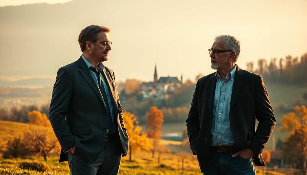 A meeting of two influential figures, Björn Höcke and Martin Augsten, against the backdrop of a warm, autumn-tinged landscape in Thuringia. The scene is bathed in soft, golden light, conveying a sense of contemplation and political discourse. Höcke, dressed in a well-tailored suit, stands with an air of confidence, while Augsten, in a more casual attire, gestures animatedly, engaged in a deep conversation. The middle ground is dotted with a few scattered trees, their leaves hinting at the changing seasons. In the distance, the outline of a quaint village nestled in the rolling hills provides a picturesque setting for this high-level political meeting.