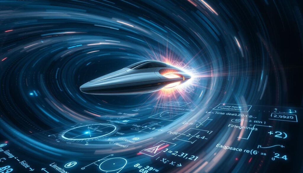 A mesmerizing visualization of the remarkable effects of time dilation and length contraction, as described in Einstein's groundbreaking work on special relativity. A sleek, futuristic spacecraft hovers in a swirling vortex of spacetime, its form distorted by the bending of space and the slowing of time. Luminous energy fields radiate from the craft, illuminating the surrounding void with an ethereal glow. In the foreground, a holographic display projects dynamic graphs and equations, visualizing the mathematical principles that govern these remarkable phenomena. The overall scene conveys a sense of scientific wonder and the profound implications of Einstein's revolutionary insights.