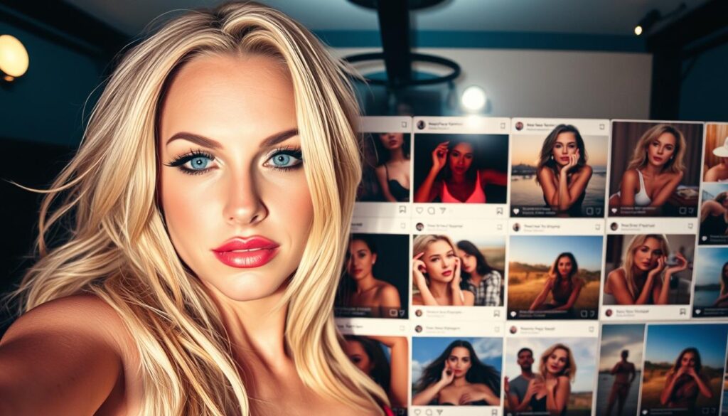 A meticulously composed Instagram feed of Britney Spears, showcasing a captivating blend of candid selfies, glamorous photoshoots, and introspective captions. The frame is filled with vibrant colors, warm lighting, and a sense of intimate authenticity, inviting the viewer into Britney's world. The foreground features a close-up of Britney's face, her expression a mix of vulnerability and strength. The middle ground showcases a selection of her recent posts, each one a window into her personal journey. The background subtly hints at the lavish, yet secluded lifestyle that surrounds the pop icon, creating an air of exclusivity and mystery. The overall atmosphere evokes a sense of connection and transparency, allowing the audience to engage with Britney Spears on a deeper, more personal level.