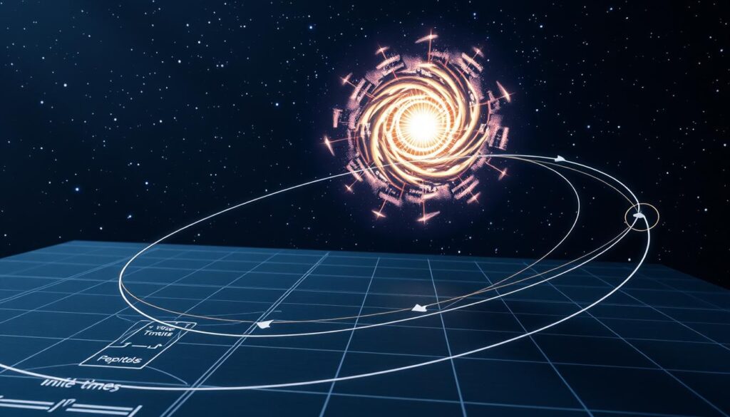A meticulously detailed visualization of the fundamental principles of Einstein's special relativity theory. In the foreground, a geometrically precise diagram depicts the spacetime continuum, with elegant curves and arrows illustrating the relativity of time and the speed of light. In the middle ground, a luminous vortex of energy and matter symbolizes the interplay of space, time, and the laws of physics. The background features a starry night sky, hinting at the cosmic scale and implications of this revolutionary scientific breakthrough. The lighting is soft and diffuse, creating a contemplative, almost ethereal atmosphere that invites the viewer to ponder the profound nature of Einstein's insights.