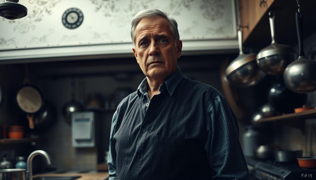 A middle-aged man, Alfons Schuhbeck, stands pensively in a once opulent kitchen, his expression somber. The room, once a showcase of his culinary prowess, now appears dimly lit and neglected, reflecting the decline of his financial fortunes. The once-gleaming pots and pans hang forlornly on the walls, a stark contrast to the vibrant, bustling atmosphere one would expect from the renowned chef. The lighting is soft and muted, casting shadows that suggest a sense of melancholy and uncertainty surrounding Schuhbeck's current financial status. The overall scene conveys the transition from the heights of success to the challenges of financial adversity, a narrative that mirrors the section title "Vermögen und finanzielle Lage: Vom Reichtum zur Rente".