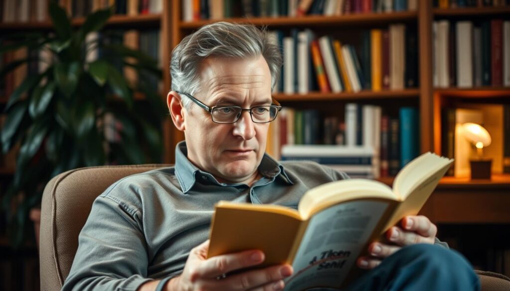 A middle-aged man, Jochen Senf, sits in a cozy armchair, engrossed in a book. Soft, warm lighting illuminates his thoughtful expression as he contemplates the pages. In the background, a bookshelf filled with volumes and a potted plant create a serene, intellectual atmosphere. The scene conveys a sense of quiet contemplation, Jochen's passion for literature, and his private moments away from the spotlight. A sense of balance and tranquility pervades the composition, reflecting Jochen's engagement with the world beyond his acting career.