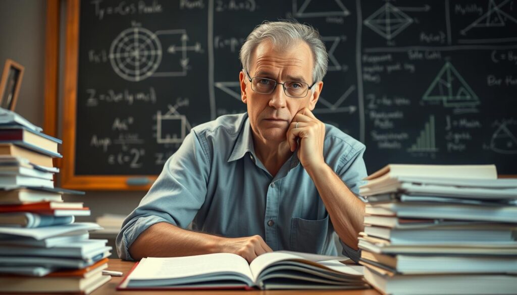 A middle-aged man, René Waßmer, sits intently at a desk, surrounded by stacks of books and papers. He has a pensive expression, deep in thought, as he develops his quiz strategies. The lighting is soft and warm, creating a studious atmosphere. The camera angle is slightly elevated, giving a sense of authority and expertise. In the background, a large chalkboard displays complex diagrams and equations, hinting at the depth of Waßmer's analytical mind. The overall mood is one of focused concentration, a dedicated scholar pursuing the mastery of quiz-taking.