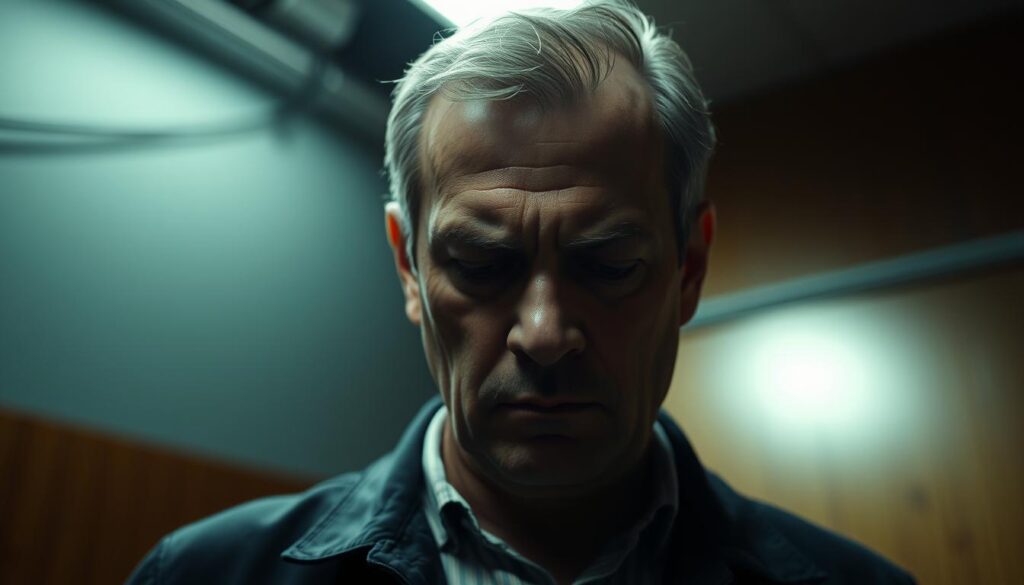 A middle-aged man with a stern expression, his face partially obscured by shadows, stands alone in a dimly lit interrogation room. The harsh overhead lighting casts sharp angles across his features, emphasizing his brooding intensity. The background is blurred, drawing the viewer's focus to the subject, who appears deep in thought, his gaze downcast as if contemplating his actions. The atmosphere is tense, conveying a sense of unease and the weight of the investigation. The image evokes a sense of the "mutmaßliche täter," the suspected perpetrator, at the center of a high-stakes criminal inquiry.