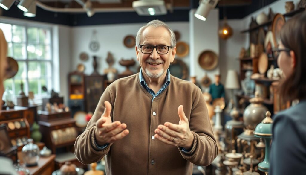 A middle-aged man with a warm, friendly demeanor stands in front of a colorful display of antique treasures, his hands gesturing animatedly as he engages with a group of eager collectors. The scene is set in a well-lit, inviting studio, with a soft, natural lighting that highlights the man's expressive features. The camera angle is slightly elevated, capturing the man's charismatic presence and the captivating array of vintage items that surround him. The overall atmosphere conveys the excitement and energy of a thriving antique appraisal show, reflecting the dynamic career of Horst Lichter, a renowned television personality known for his expertise and passion in the world of collectibles.
