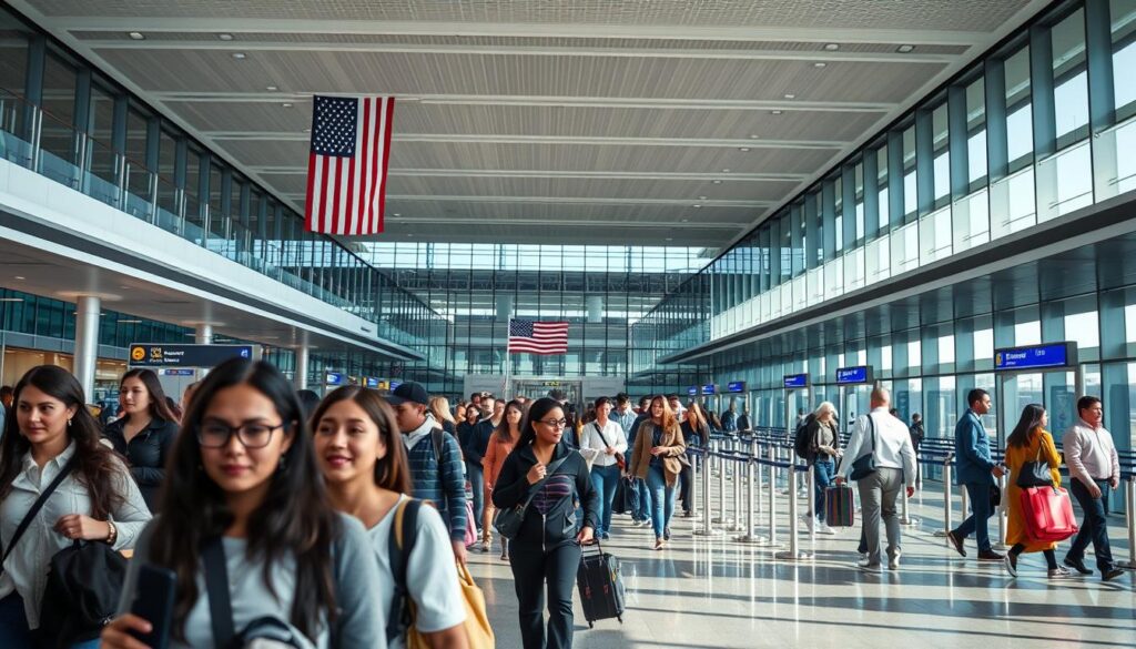 A modern, bustling international airport terminal with passengers navigating the entry process. In the foreground, a diverse group of travelers passing through the customs and immigration area, their expressions conveying a mix of anticipation and relief. The middle ground features the iconic U.S. flag and security checkpoints, while the background showcases the architectural grandeur of the building, with high ceilings, glass walls, and sleek, minimalist design. Soft, natural lighting illuminates the scene, creating a sense of efficiency and order. The overall atmosphere is one of efficiency, professionalism, and a welcoming embrace of global travelers entering the United States.