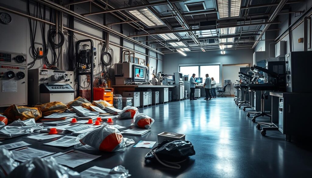 A modern fire investigation laboratory, equipped with state-of-the-art equipment and staffed by expert forensic scientists. In the foreground, a meticulously documented fire scene, with evidence bags and markers laying out crucial clues. The middle ground features a bank of high-tech instrumentation, including thermal imaging cameras, gas chromatography-mass spectrometry systems, and microscopes for detailed analysis. In the background, a team of researchers pore over data, seeking to unravel the complex chemistry and physics that can ignite even the most extreme conflagrations. Bright task lighting illuminates the space, casting long shadows and creating a sense of urgency and scientific rigor. This image conveys the cutting-edge nature of modern fire investigation, highlighting the pursuit of knowledge and the application of sophisticated technology to understand the origins of even the most challenging blazes.