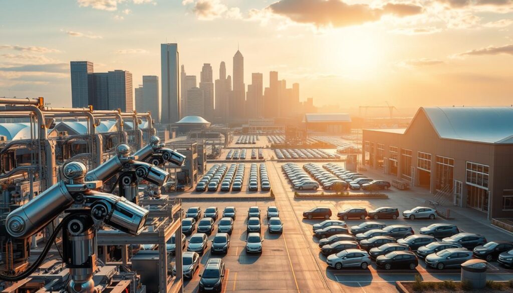 A modern, high-tech factory complex with gleaming silver and chrome automotive manufacturing facilities. In the foreground, robotics and assembly lines busily producing the latest electric and hybrid vehicles. The middle ground features sprawling parking lots filled with newly built cars ready for shipment, and in the background, a cluster of skyscrapers and corporate headquarters symbolize the financial investment and economic impact of the auto industry in the United States. The scene is bathed in warm, golden lighting that conveys a sense of prosperity and optimism, capturing the industry's commitment to growth and expansion in the American market.