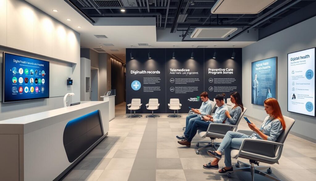 A modern medical office interior with a focus on digital healthcare initiatives. In the foreground, a sleek reception desk with a large screen displaying various healthcare app icons. In the middle ground, patients seated in ergonomic chairs, engaged with tablets and smartphones. The background features an array of informational displays highlighting the benefits of digital health records, telemedicine, and preventative care programs offered by the insurance providers. Soft, indirect lighting creates a calming, professional atmosphere, while the color palette of blues, grays, and whites conveys a sense of reliability and innovation. The overall scene emphasizes the prominent role of health insurance companies in driving the adoption of digital health technologies to improve patient engagement and care coordination.