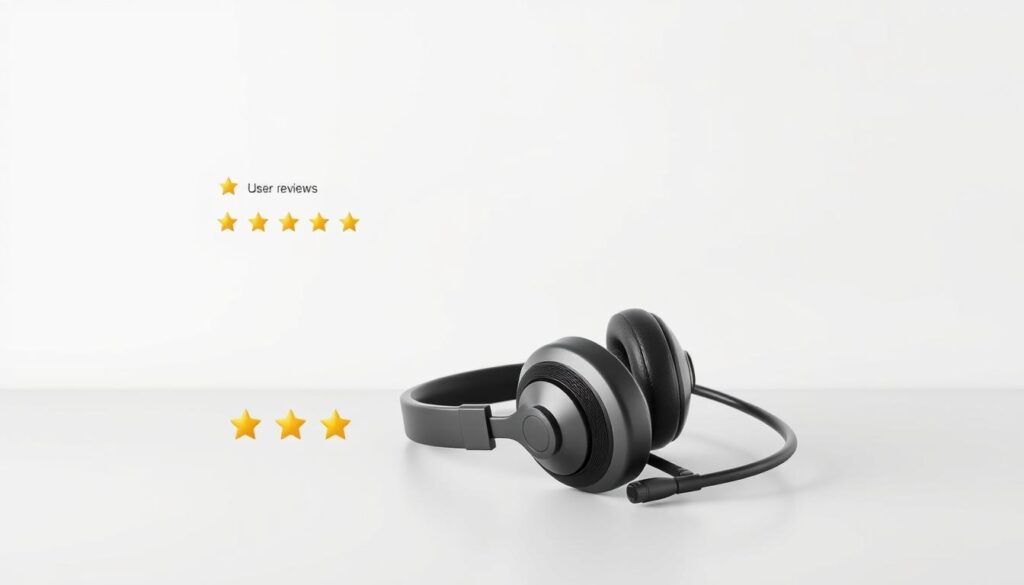 A modern, minimalist design showcasing user reviews and experiences. A crisp, clean background with a subtle texture or gradient serves as the foundation. In the foreground, a minimalist arrangement of stylized review icons, star ratings, and simple text elements convey the key information. The middle ground features a sophisticated three-dimensional device, perhaps a headphone or microphone, positioned prominently to tie the concept together. Lighting is soft and even, with a hint of shadow to add depth. The overall mood is professional, polished, and focused on showcasing the user-centric nature of the content.