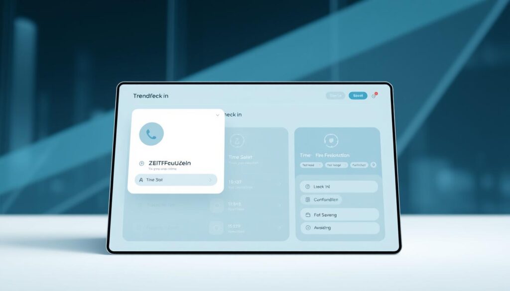 A modern, minimalist digital interface showcasing an online check-in process. In the foreground, a clean and intuitive user dashboard displays a prominent "Zeitfenster" (time slot) selector, allowing the user to effortlessly choose their preferred check-in time. The middle ground features a sleek, responsive layout with minimalist icons and typography, guiding the user through the check-in workflow. In the background, a subtle abstract pattern or geometric design creates a sense of depth and digital aesthetics. The overall mood is one of efficiency, simplicity, and a seamless digital experience, reflecting the "time-saving" and "fee-avoiding" aspects of online check-in.