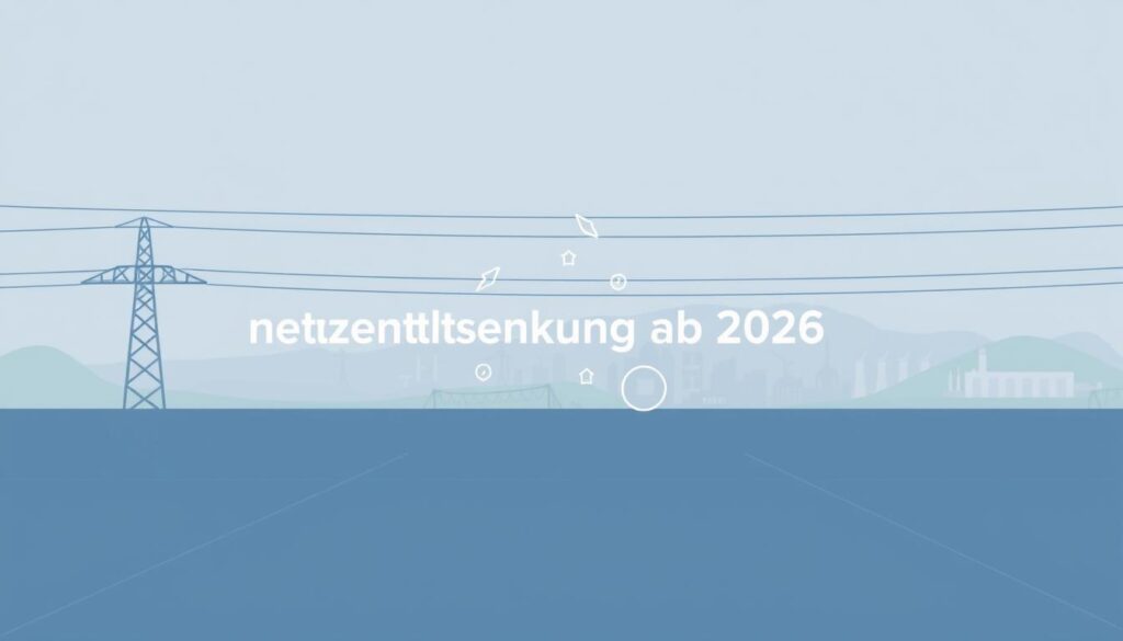 A modern, minimalist illustration depicting the concept of "netzentgeltsenkung ab 2026". In the foreground, a clean, simplified power grid or electrical infrastructure, rendered in muted tones of gray and blue. The middle ground features abstract geometric shapes or icons representing the reduction in network fees, with a subtle sense of movement or energy. In the background, a softly blurred cityscape or industrial landscape, hinting at the broader context of energy policy and the impact on businesses and households. The lighting is soft and diffused, creating a sense of calm and optimism. The overall composition conveys a balanced, forward-looking vision for the future of energy pricing and affordability.