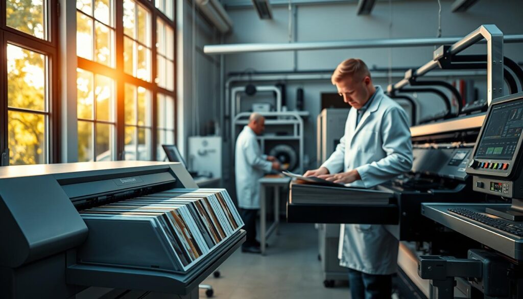 A modern photo development studio, bathed in warm, natural light filtering through large windows. In the foreground, a sleek, minimalist digital photo printer hums softly, ready to transform digital files into tangible prints. Rows of glossy, high-quality paper samples are displayed neatly, inviting the viewer to imagine the possibilities. In the middle ground, a technician in a crisp, white lab coat carefully calibrates the color settings, ensuring each image is a true representation of the original. The background showcases state-of-the-art developing equipment, with gleaming metal surfaces and intuitive digital interfaces, a testament to the cutting-edge technology powering this modern photo lab. The overall atmosphere conveys a sense of efficiency, precision, and the seamless integration of digital and analog processes, capturing the essence of "Moderne Möglichkeiten: Fotos entwickeln lassen".