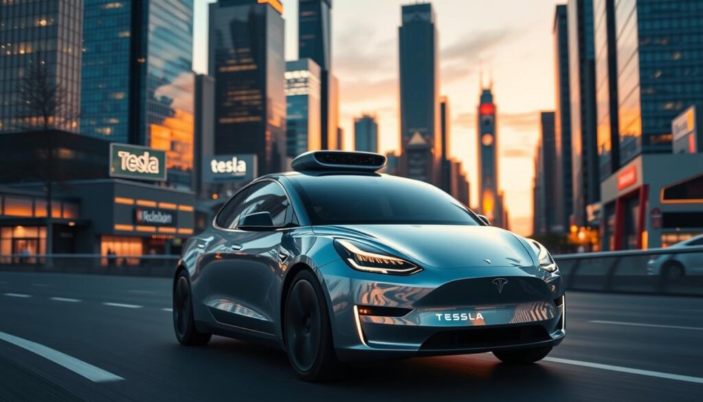 A modern, sleek Tesla Robotaxi glides through a futuristic cityscape. The vehicle's glistening metallic exterior reflects the towering skyscrapers and neon-lit streets of a thriving metropolis. Bathed in a warm, amber glow from the setting sun, the Robotaxi appears poised and ready to transport passengers seamlessly to their destinations. The minimalist, aerodynamic design suggests advanced autonomous capabilities, hinting at the technological innovations driving Tesla's vision for the future of urban mobility. The scene conveys a sense of progress, efficiency, and the promise of a sustainable, automated transportation system that will shape the cities of tomorrow.