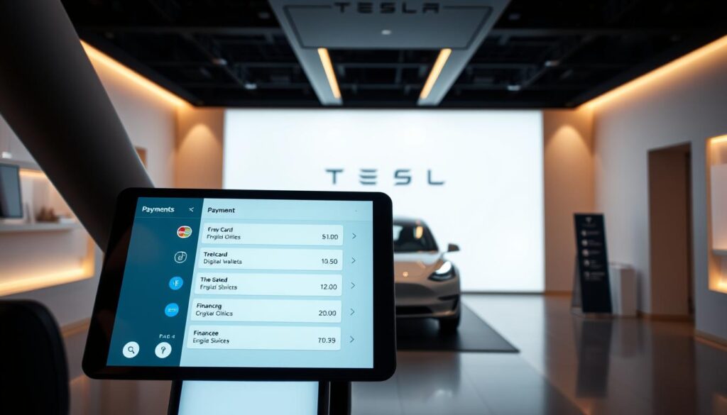 A modern, sleek interior showcasing Tesla's payment options. In the foreground, a large touchscreen display highlights various payment methods - credit cards, digital wallets, financing. The middle ground features a Tesla Model 3 in a muted color, its clean lines and minimalist design complementing the user interface. The background is a softly lit showroom, with subtle branding and clean lines creating a premium, high-tech atmosphere. Warm, directional lighting from above accentuates the scene, casting subtle shadows and highlights to convey a sense of depth and sophistication. The overall impression is one of a seamless, technology-driven purchasing experience tailored to Tesla's brand identity.