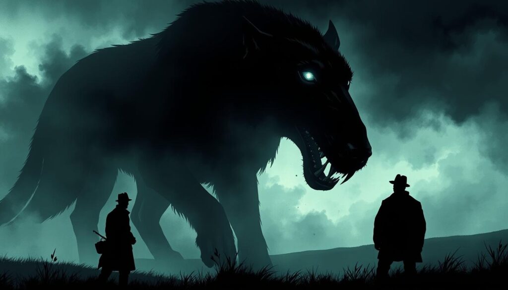 A moody, atmospheric illustration of the infamous Hound of the Baskervilles case, one of Sherlock Holmes' most celebrated investigations. In the gloomy, fog-shrouded moors of Dartmoor, a towering, otherworldly hound emerges from the shadows, its massive jaws agape, eyes glowing with an unearthly, supernatural light. In the foreground, the silhouetted figures of Holmes and Watson observe the fearsome beast, their expressions a mix of awe and determination as they unravel the mysteries surrounding this legendary case. The scene is bathed in dramatic, chiaroscuro lighting, with deep shadows and highlights emphasizing the gothic, brooding atmosphere. The background features the rugged, windswept landscape of the moors, with a sense of vastness and isolation that heightens the sense of danger and the unknown.