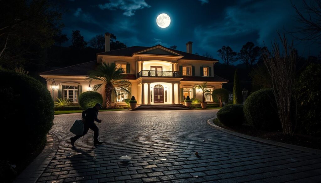 A moonlit villa nestled in the hills, its grand facade illuminated by the glow of security lights. Shadows creep across the manicured gardens as a lone figure darts between the shrubbery, clutching a bulging sack. Shattered glass sparkles on the cobblestone driveway, the aftermath of a brazen nighttime heist. Inside, the once-pristine trophy room lies in disarray, its shelves emptied of the legendary footballer's hard-won prizes. Tension hangs thick in the air, a palpable sense of violation permeating the scene. The camera captures this moment of intrusion, a snapshot of the daring raid that has shaken the world of football's elite.
