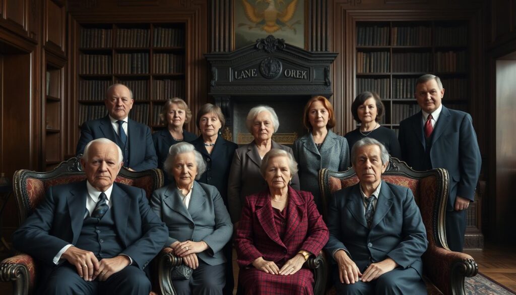 A multi-generational Block family portrait captured in a formal, stately setting. The foreground features the elder Blocks - a stern-faced patriarch and his stoic wife - seated in ornate armchairs, exuding an air of authority and power. In the middle ground, their adult children stand rigidly, expressions ranging from simmering resentment to tentative attempts at unity. The background reveals a lavish, wood-paneled interior with towering bookshelves and a large, ostentatious fireplace, hinting at the family's wealth and social standing. Moody, dramatic lighting casts long shadows, creating a sense of tension and unease, reflecting the complex, often turbulent dynamics within this influential German family dynasty.