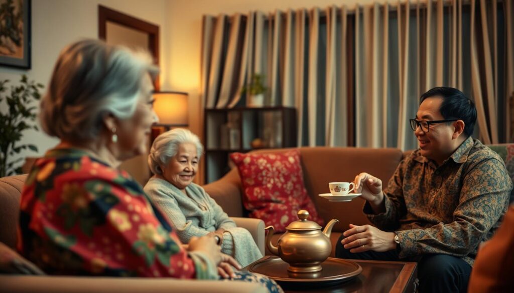 A multicultural family gathering, depicting the diverse ways in which people from different cultures maintain parent-child communication. In the foreground, a warmly lit living room scene shows a middle-aged woman video-calling her elderly mother, while in the background, a young man chats animatedly with his father over a traditional tea service. The scene is infused with a sense of connection and cultural exchange, conveying the universal human need for parental contact. Soft, diffused lighting and a cozy, domestic atmosphere create an inviting and relatable visual representation of the topic.