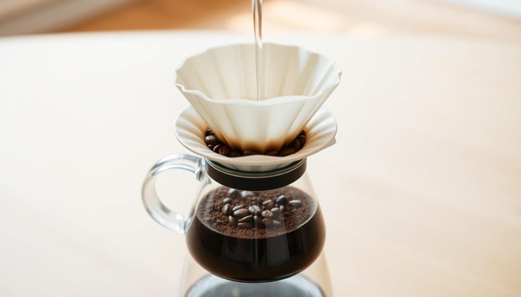 A neatly arranged pour-over coffee setup on a wooden surface. In the foreground, a ceramic filter holder sits atop a glass carafe, with freshly ground coffee beans ready to be slowly extracted. In the middle, the thin stream of hot water cascades elegantly over the grounds, releasing the rich aroma. The background features a serene, minimalist setting with clean lines and soft natural lighting, conveying a sense of wellness and mindfulness. The image evokes the healthiest and most intentional way to brew a revitalizing cup of coffee.