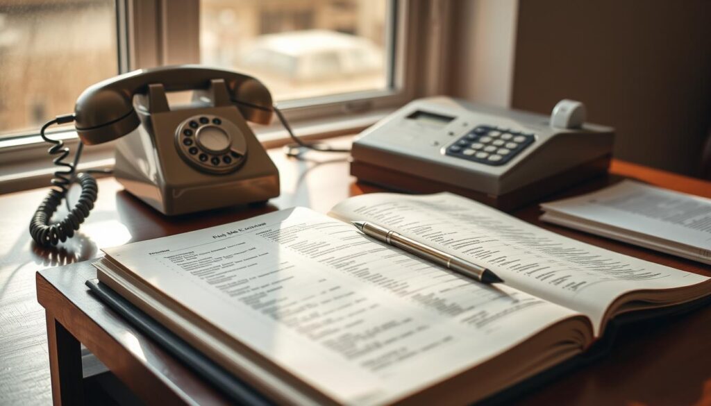 A neatly organized desk with a vintage telephone, an open hardcover telephone directory, and a pen resting on the pages. Warm, natural lighting from a window illuminates the scene, casting soft shadows. The directory's pages appear well-worn, hinting at its frequent use. The overall atmosphere conveys a sense of focused productivity and efficiency in retrieving contact information. The image should capture the tactile experience of navigating a physical telephone directory, emphasizing its practical utility before the digital age.