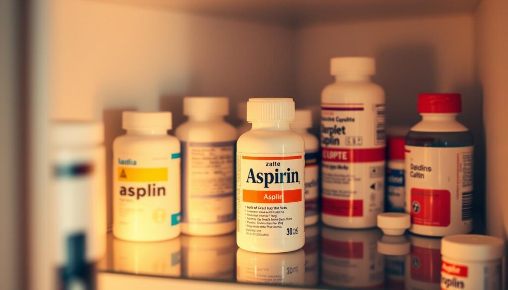 A neatly organized medicine cabinet with various over-the-counter medications, including a prominent bottle of aspirin. Soft, warm lighting illuminates the scene, creating a sense of comfort and familiarity. The cabinet's shelves are meticulously arranged, with the aspirin bottle positioned front and center, hinting at its importance and potential for self-medication. The overall composition conveys a thoughtful, introspective mood, inviting the viewer to consider the responsible use of this common pain-relieving drug.