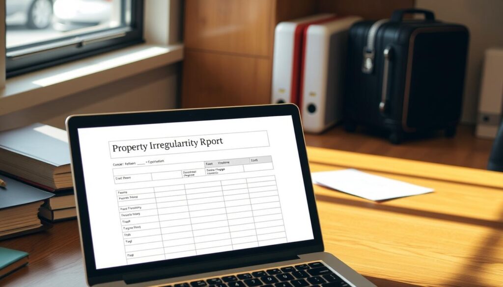 A neatly organized office workspace, with a wooden desk and a laptop displaying a "Property Irregularity Report" form on the screen. Soft, directional lighting from a nearby window creates gentle shadows and highlights the details of the workspace. The report form appears clear and legible, with carefully filled-out fields. The overall atmosphere conveys a sense of professionalism and attention to detail, reflecting the importance of properly handling delayed luggage claims.