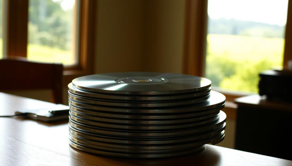 A neatly stacked pile of silver and gray AOL CD-ROMs sits on a wooden desk, illuminated by soft, diffused lighting. In the background, a large window overlooking a lush, green landscape creates a serene and calming atmosphere. The CDs appear pristine, their reflective surfaces capturing the natural light, hinting at the promise of "free" internet access they once offered. The scene conveys a sense of nostalgia for a bygone era of technological change, where physical media played a crucial role in shaping the digital landscape. The overall mood is one of contemplation, inviting the viewer to reflect on the advantages and disadvantages of such "free" internet services.