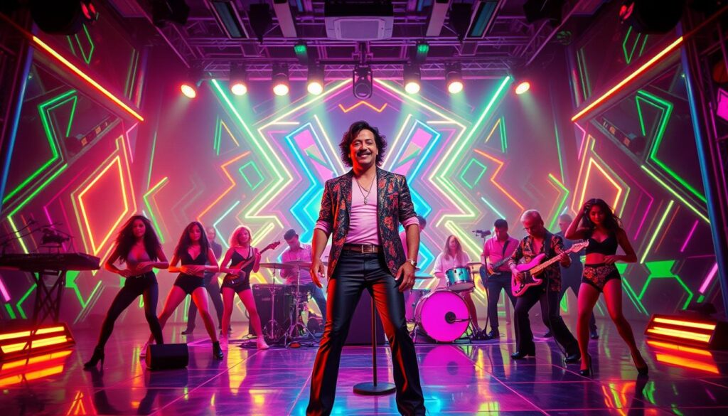 A neon-soaked retro music video from the 1980s, featuring a vibrant color palette and dynamic camera angles. In the foreground, a bold, charismatic lead singer commands the stage, surrounded by a tightly choreographed dance troupe. The middle ground showcases a pulsing, synth-driven instrumental arrangement, with shimmering synthesizers and thundering drums. In the background, a kaleidoscopic array of geometric shapes, glowing lines, and psychedelic visual effects create a hypnotic, mesmerizing atmosphere. Dramatic lighting casts dramatic shadows, and the entire scene is infused with a sense of boundless energy and infectious enthusiasm, capturing the iconic essence of '80s music video culture.