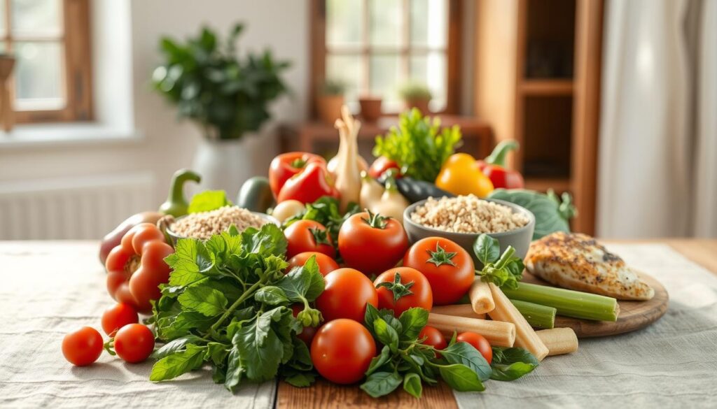 A nourishing and vibrant still life composition showcasing a variety of healthy, cancer-preventive foods. In the foreground, an arrangement of fresh fruits and vegetables, such as leafy greens, colorful peppers, and juicy tomatoes, placed on a wooden table with a neutral-toned tablecloth. The middle ground features whole grains, such as brown rice and quinoa, alongside lean protein sources like grilled chicken or fish. In the background, a window allows natural light to pour in, casting a warm, golden glow over the scene. The overall mood is one of balance, vitality, and the power of a nutritious diet to reduce cancer risk.