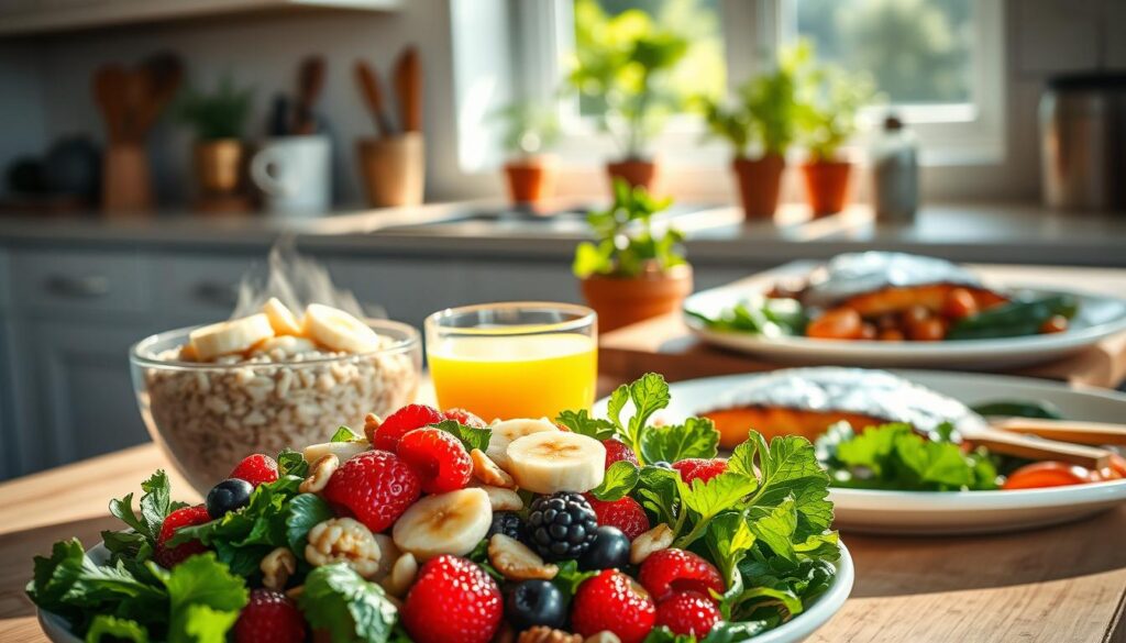 A nourishing feast of brain-boosting foods, arranged with care and artistry, against a backdrop of a serene, sun-dappled kitchen. In the foreground, a vibrant salad overflows with leafy greens, juicy berries, and crunchy nuts. Beside it, a steaming bowl of oatmeal topped with sliced bananas and a drizzle of honey. In the middle ground, a glass of freshly squeezed orange juice and a plate of baked salmon, accompanied by roasted vegetables. The kitchen counter is adorned with potted herbs, casting soft shadows in the warm, diffused lighting. An atmosphere of tranquility and mindful, brain-nourishing sustenance pervades the scene.