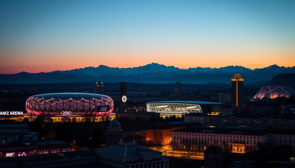 A panoramic cityscape of Munich, Germany, at twilight. In the foreground, the iconic façade of the Olympiastadion stands proud, its modern architecture a symbol of the city's ambition. In the middle ground, the distinctive silhouette of the Allianz Arena, home of TSV 1860 München, dominates the skyline, its floodlights casting a warm glow. In the background, the majestic Alps rise, their snow-capped peaks piercing the dusky sky. The scene conveys a sense of progress and possibility, as the club contemplates its future plans amidst the vibrant, ever-evolving landscape of the city.