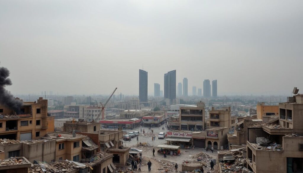 A panoramic view of a war-torn Middle Eastern city, with buildings in the foreground reduced to rubble, debris and smoke billowing in the air. In the middle ground, a bustling marketplace lies abandoned, stalls and storefronts shuttered. In the distance, towering skyscrapers stand, their glass facades cracked and darkened, a symbol of the economic devastation wrought by the ongoing conflict. Overhead, a somber gray sky casts a muted, melancholic light over the scene. The overall mood is one of desolation and despair, reflecting the heavy toll the Mideast conflict has taken on the region's economy and infrastructure.
