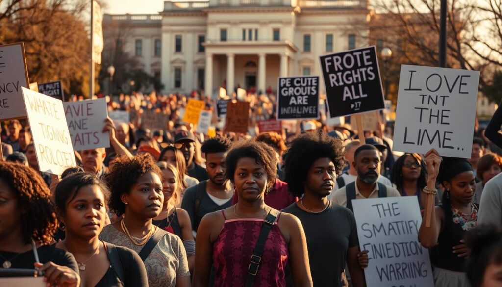 A peaceful protest in the American South, with a diverse crowd of marchers carrying placards and banners advocating for civil rights. The scene is bathed in warm, golden light, capturing the determination and unity of the movement. In the foreground, a group of people of various ages and races stand shoulder to shoulder, their expressions resolute. In the middle ground, the crowd extends into the distance, a sea of bodies and voices raised in unison. The background features a grand, historic building, symbolic of the institutions the marchers seek to change. The overall mood is one of hope, strength, and a shared vision for a more just and equitable society.