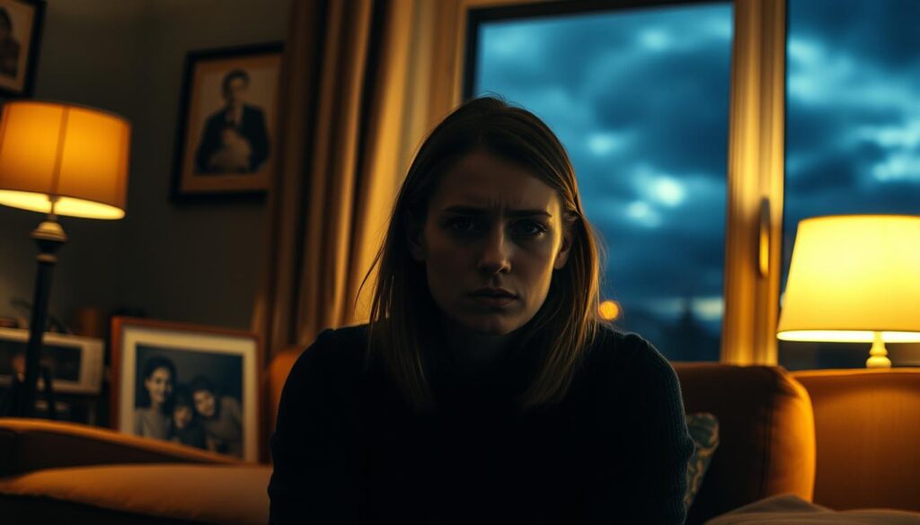 A pensive Sarah-Jane Wollny sits alone in a dimly lit living room, surrounded by family photos that hint at her emotional turmoil. Soft, warm lighting from a nearby lamp casts a melancholic glow, emphasizing the contemplative expression on her face. The middle ground is slightly blurred, drawing the viewer's focus to her introspective eyes and furrowed brow. In the background, a window frames a stormy, twilight sky, reflecting the internal storm she navigates. The overall scene conveys a sense of solitude, vulnerability, and the weight of personal challenges, capturing the essence of the "Emotionale Herausforderungen: Trennung und Familie" section.