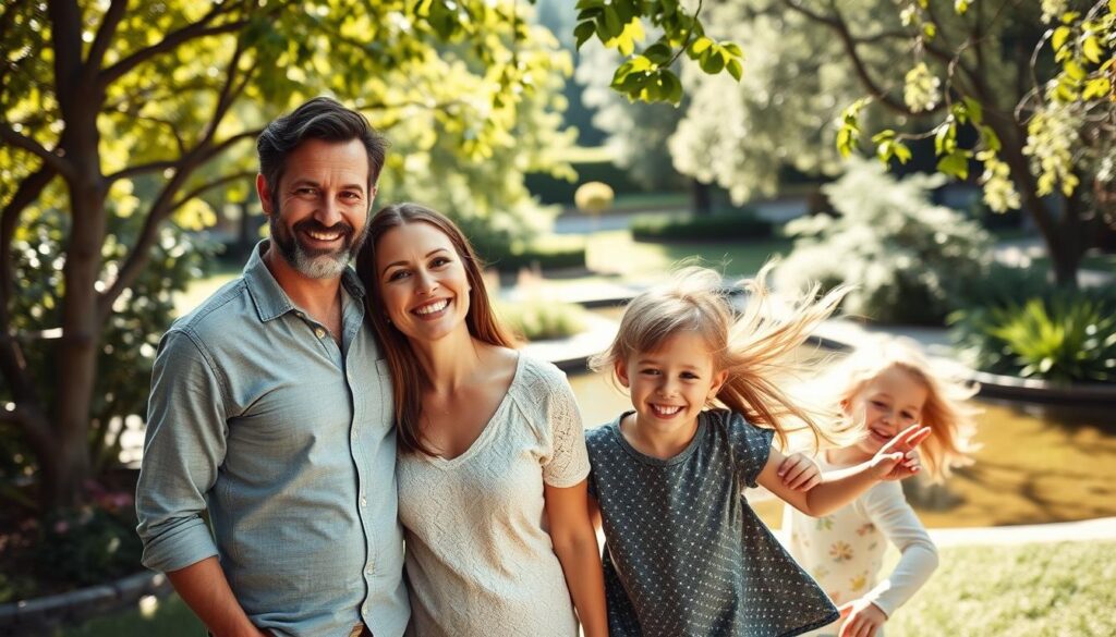 A picturesque family portrait showcasing the future of an unconventional family constellation. In the foreground, a loving co-parenting duo - a man and a woman - standing side by side, their expressions radiating warmth and unity. Behind them, their children, a boy and a girl, playing happily, their laughter filling the scene. The background features a serene, sun-dappled garden, with lush foliage and a tranquil pond, creating a sense of harmony and balance. The lighting is soft and diffused, casting a gentle glow over the entire composition. The image is captured with a wide-angle lens, allowing for a expansive, panoramic view that emphasizes the family's togetherness and the embrace of their unconventional but thriving dynamic.