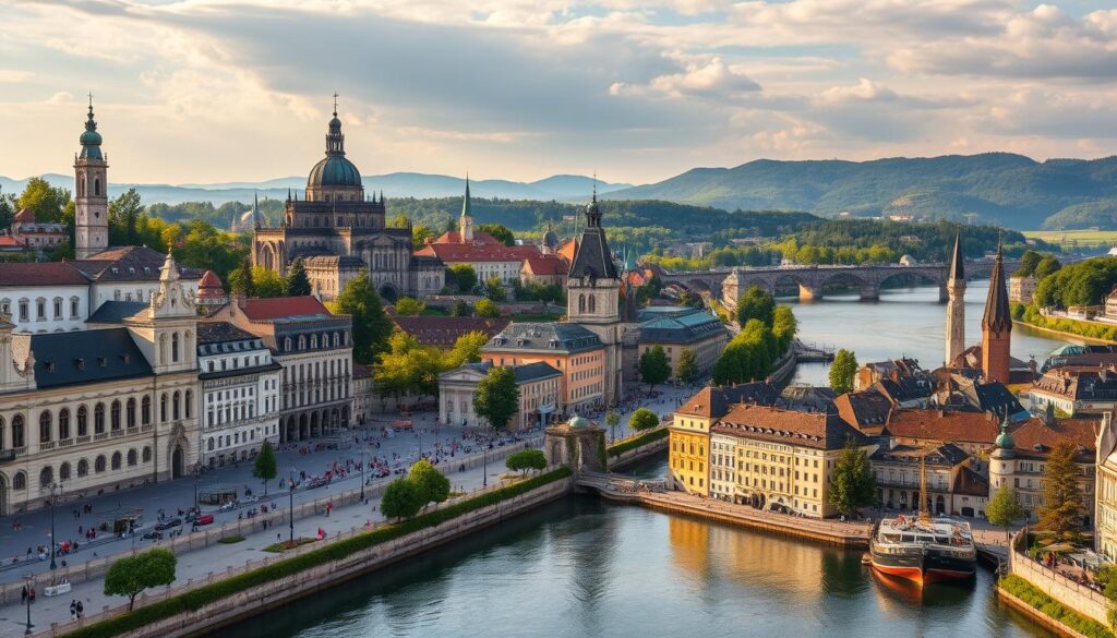 A picturesque scene of historic cities along the Danube River, from the rolling hills of Ulm to the lush riverbanks of Sulina. Stately cathedrals and baroque architecture stand tall against a warm, golden-hour sky. Cobblestone streets wind through bustling town squares, where locals and travelers mingle. The Danube flows serenely in the foreground, its glimmering waters reflecting the vibrant colors of the surrounding landscape. In the distance, rolling hills and verdant forests frame this charming riverscape. Rendered with a cinematic, photorealistic style and a sense of timeless elegance.