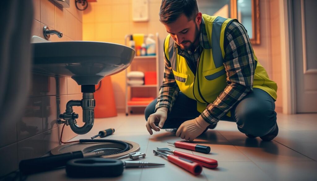 A plumber in a yellow safety vest examining a clogged sink drain, his tools laid out on a tiled bathroom floor. Warm, focused lighting illuminates the scene, casting subtle shadows. The plumber's face is obscured, his attention solely on the task at hand. In the background, a neatly organized rack of cleaning supplies and a framed mirror reflect the scene. The atmosphere conveys a sense of expertise and problem-solving, hinting at the specialized knowledge required to address a common household issue.
