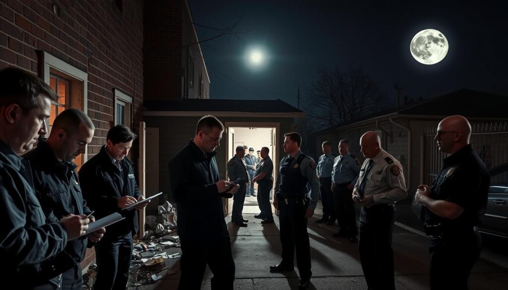 A police investigation scene at night, with multiple officers examining the aftermath of a burglary. In the foreground, a group of detectives carefully sifting through evidence and taking notes, their faces illuminated by flashlights. In the middle ground, uniformed officers canvassing the area, searching for clues and interviewing witnesses. In the background, the damaged entrance of a building, the door frame splintered and the lock broken, suggesting a forced entry. Overhead, a full moon casts an eerie glow, casting long shadows and creating a sense of tension and mystery. The atmosphere is tense and somber, as the officers work diligently to uncover the identity of the perpetrators and recover the stolen items.