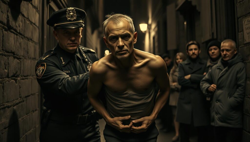 A police officer apprehending a disheveled, gaunt man with sunken eyes and a sallow complexion, his hands bound behind his back. The scene is captured in a dimly lit, gritty alleyway, the shadows cast by the surrounding buildings lending an ominous atmosphere. The officer's uniform is crisp and his expression stern, conveying a sense of justice being served. In the background, onlookers watch the arrest with a mix of curiosity and unease. The image is rendered in a muted, sepia-toned palette, emphasizing the historical nature of the event. The composition is balanced, with the subject positioned centrally and the background elements framing the scene.