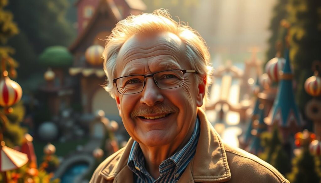 A portrait of Franz Mack, the visionary co-founder of Europa-Park, standing amidst the vibrant, whimsical landscapes of his creation. Bathed in warm, golden light, his expression exudes a sense of unbridled enthusiasm and determination, capturing the spirit that drove the transformation of a humble idea into a thriving, billion-dollar theme park empire. The background blurs into a dreamlike realm, hinting at the boundless imagination and relentless innovation that fueled the park's evolution over the decades. Subtle details, such as architectural sketches and park blueprints, subtly allude to the meticulous planning and visionary thinking that underpinned this extraordinary success story.