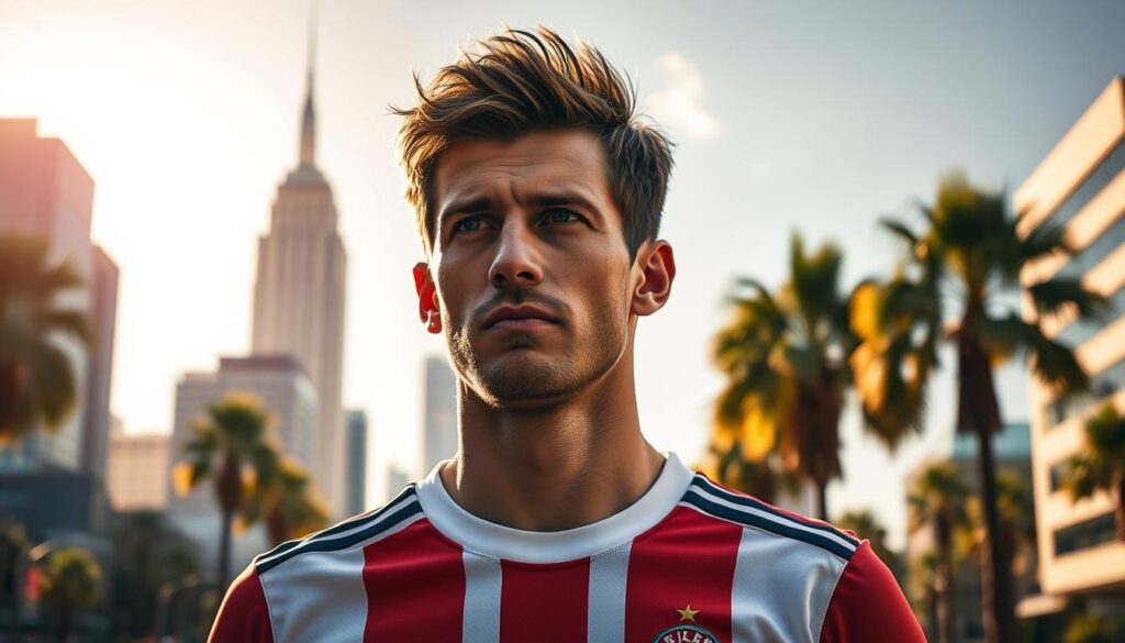 A portrait of Thomas Müller, the renowned Bayern Munich footballer, contemplating his future as he stands at a crossroads. The image captures a pensive, almost wistful expression on his face, hinting at the uncertainty and excitement of a potential move to the United States. The background is a vibrant, sun-drenched American cityscape, with skyscrapers and palm trees framing the scene. Soft, warm lighting bathes Müller, creating a sense of introspection and a touch of melancholy. The composition is balanced, with Müller positioned in the center, allowing the viewer to focus on his emotional state as he considers this pivotal career decision.