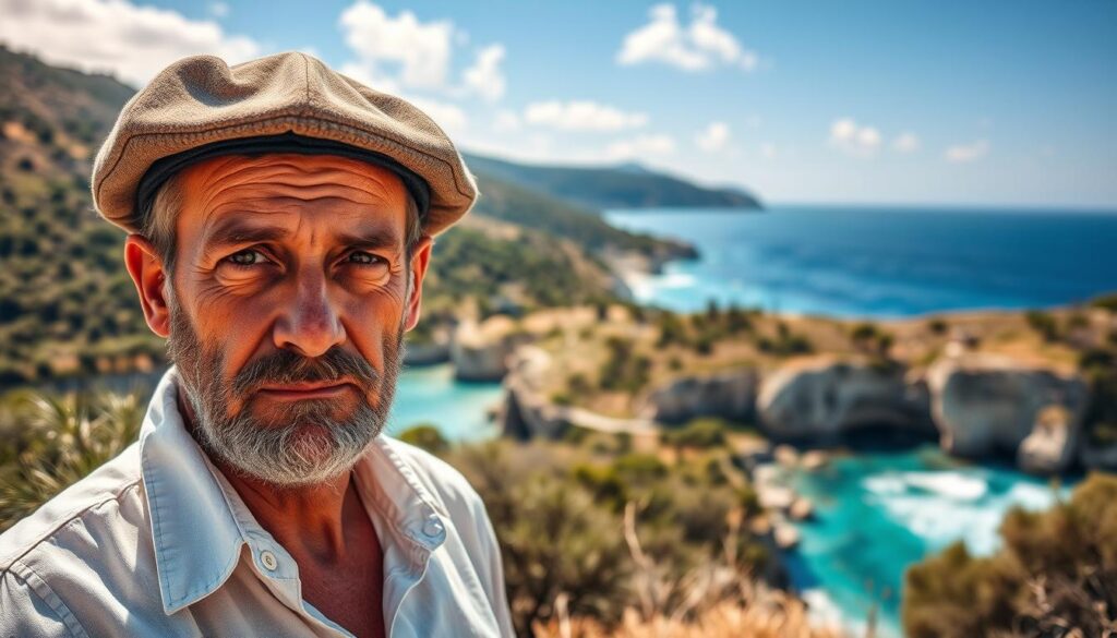 A portrait of a Corsican man, standing in a sun-dappled Mediterranean landscape. In the foreground, his weathered face is etched with the rugged character of island life, his steely gaze conveying a sense of resilience and pride. He wears a traditional Corsican beret and a simple white linen shirt, the fabric rippling gently in the salty breeze. In the middle ground, a backdrop of rolling hills dotted with olive trees and limestone cliffs cascades towards the brilliant turquoise waters of the Tyrrhenian Sea. Soft, warm lighting filters through wispy clouds, casting a gentle glow over the scene and evoking the unique atmosphere of Corsica. The overall impression is one of cultural identity, strength, and a deep connection to the land.