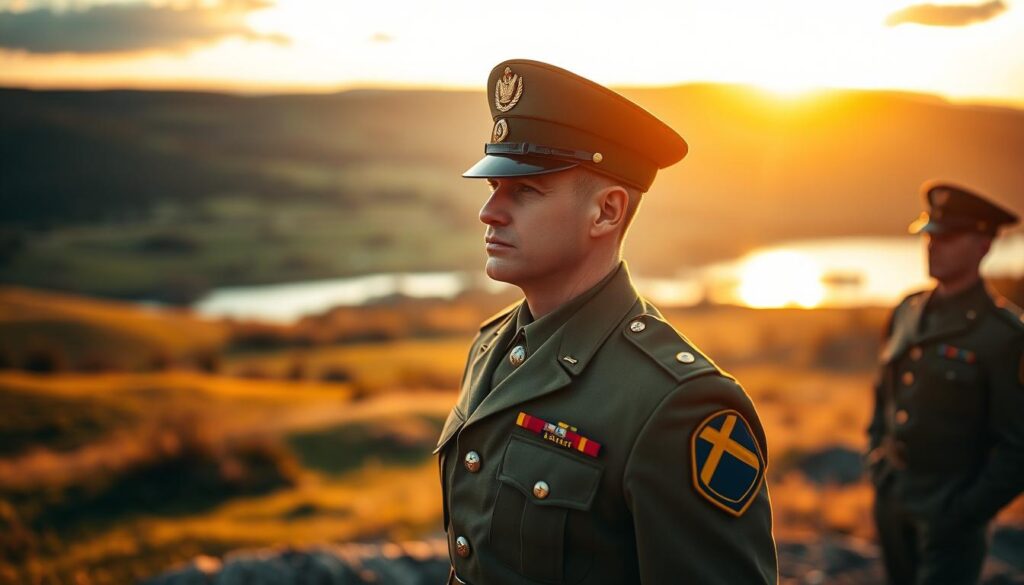 A pristine Swedish military uniform stands at attention, its sharp creases and polished buttons gleaming under warm, natural lighting. In the background, a serene landscape unfolds, with rolling hills and a tranquil lake reflecting the soft, golden hues of the setting sun. The scene exudes a sense of order, discipline, and national pride, capturing the essence of the Swedish military model that serves as an inspirational example. The image is captured with a wide, cinematic lens, highlighting the subject's prominence and the serenity of the surroundings.