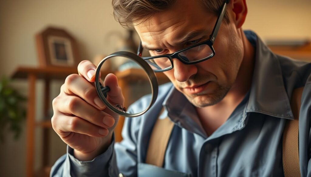 A professional exterminator in a crisp uniform examining a close-up of a carpenter ant colony, a magnifying glass in hand, with a serious expression as they assess the infestation in a residential setting. The scene is bathed in warm, natural lighting that accentuates the intricate details of the ants and the exterminator's tools. The background is blurred, drawing the viewer's focus to the centralized action, conveying a sense of expertise and attention to detail required for effective ant control.