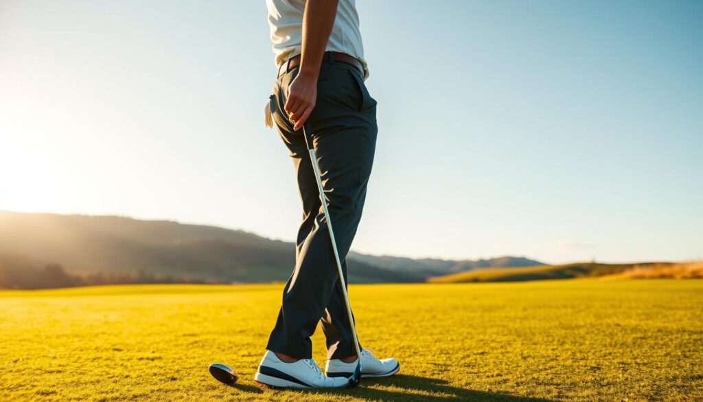 A professional golfer standing confidently on a lush, green fairway, gripping their driver and ready to tee off. The sun casts a warm, golden glow across the scene, accentuating the player's focus and determination. In the background, rolling hills and a cloudless sky create a picturesque landscape, hinting at the tranquility and serenity of the sport. The golfer's uniform is crisp and tailored, reflecting their dedication to the game. The camera angle is slightly elevated, capturing the player's poise and the grandeur of the setting, conveying the prestige and success of a career as a golf professional.