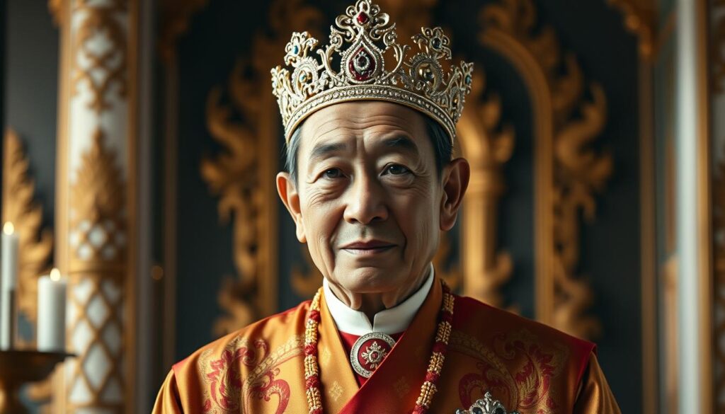 A regal portrait of Bhumibol Adulyadej, the revered King of Thailand. Set against a backdrop of ornate Thai architecture, the monarch stands tall and serene, adorned in resplendent robes and a glittering crown. His weathered, yet kind face exudes a sense of unwavering leadership and profound wisdom, forged over his extraordinary 70-year reign. Soft, diffused lighting illuminates the scene, casting a warm, reverent glow and emphasizing the gravity of his presence. The composition is balanced and symmetrical, highlighting the subject's central role and the profound respect commanded by this longest-reigning monarch in Thai history.