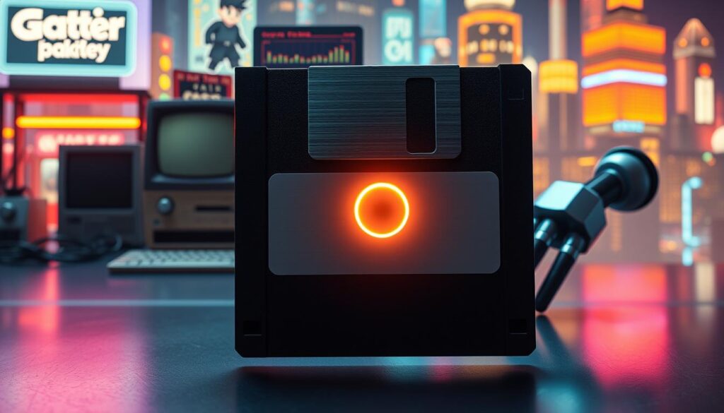 A retro-futuristic scene depicting the cultural impact of the floppy diskette, a once ubiquitous data storage medium. In the foreground, a sleek, metallic diskette hovers, casting a warm glow. The middle ground features a collage of nostalgic pop culture references - a classic desktop computer, a pixelated video game character, and a futuristic robotic arm. The background is a vibrant, neon-lit cityscape, hinting at the technological advancements that have since superseded the humble diskette. The lighting is a mix of cool and warm tones, creating a sense of timelessness and the juxtaposition of old and new. The overall composition conveys the diskette's lasting legacy as an icon of technological history.