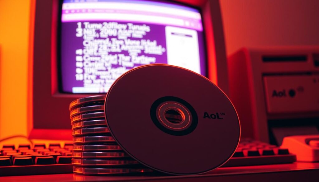 A retro-styled image depicting a stack of vintage AOL install CDs against a backdrop of a 1990s-era computer monitor and desktop, illuminated by warm, soft lighting. The CDs are the focal point, casting a nostalgic glow as they symbolize the era of "free" internet access facilitated by these ubiquitous promotional discs. The monitor displays a pixelated, low-resolution internet browsing interface, harkening back to the early days of the World Wide Web. The overall composition and color palette evoke a sense of nostalgia and the bygone era of dial-up internet and the rise of AOL as a dominant online service provider.